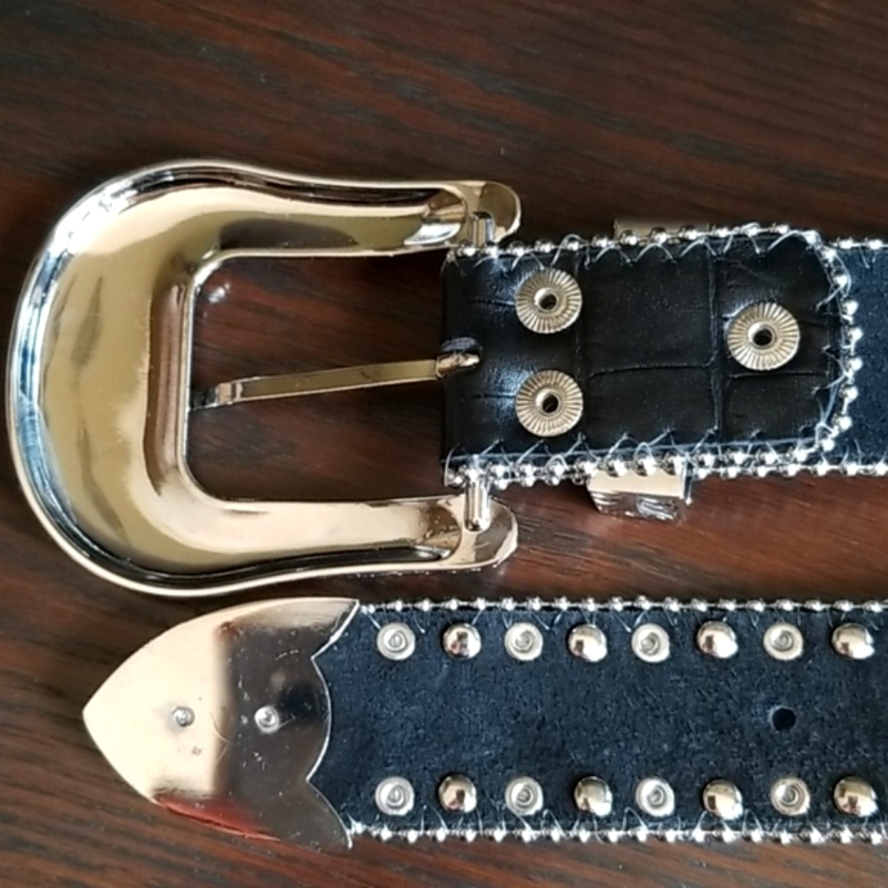 Genuine Leather Southwestern Interchangeable Buckle Rhinestone Silvertone - Picture 12 of 14